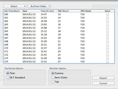 DiverLog export options.